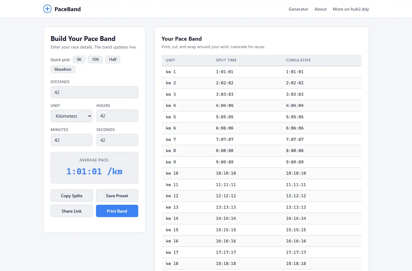 Screenshot of PaceBand: Race Pace Band Generator interface showing the project page in use